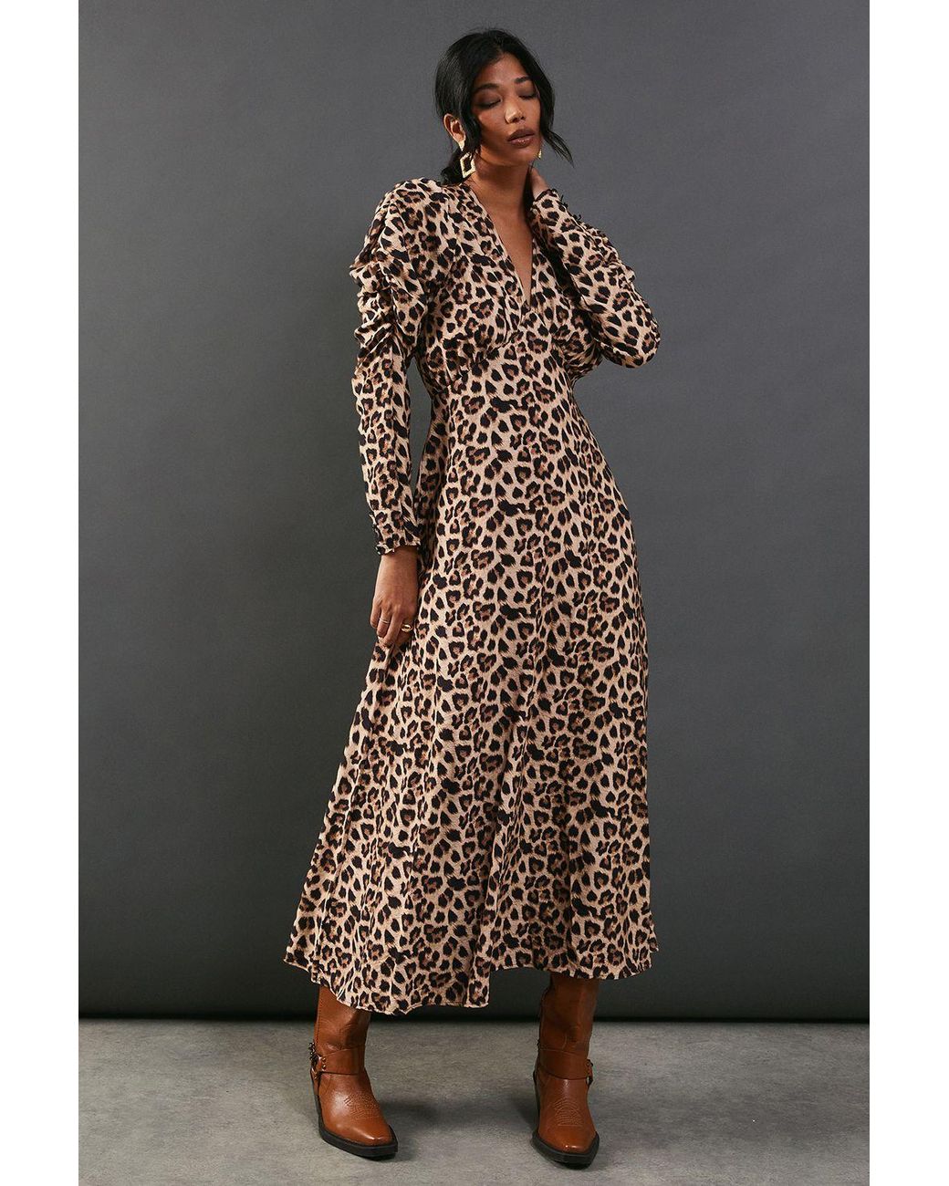 Warehouse Brown Leopard Viscose V Neck Long Puff Sleeve Midi Dress