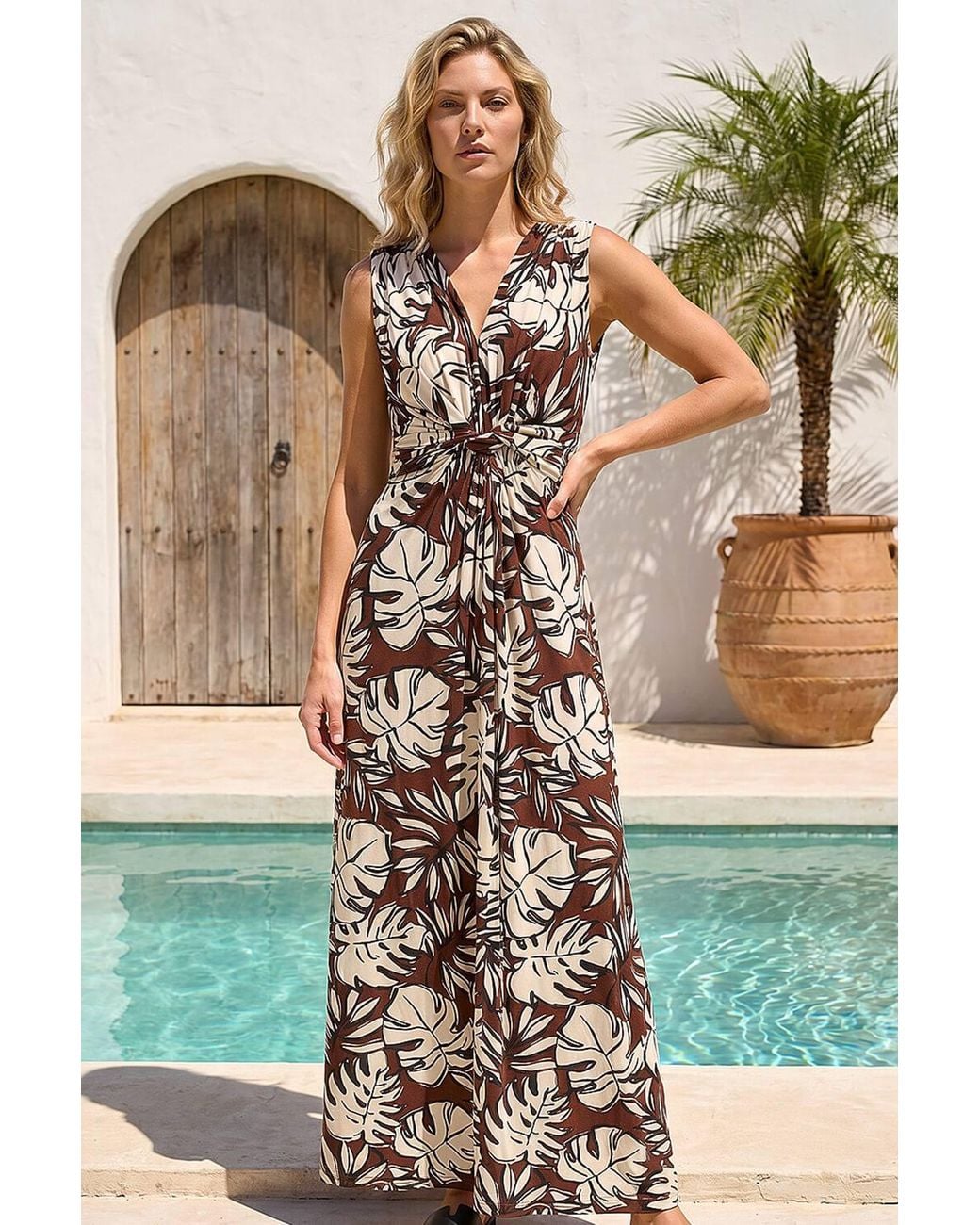 Roman Green Leaf Twist Front Maxi Dress