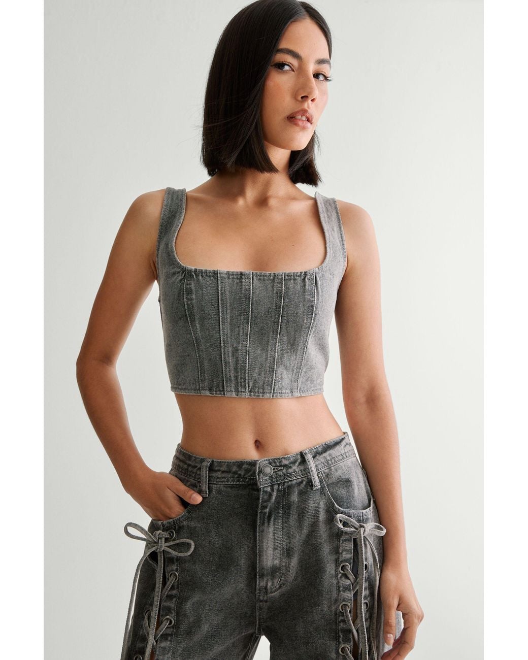 Nasty Gal Black Lace Back Detail Denim Corset Top