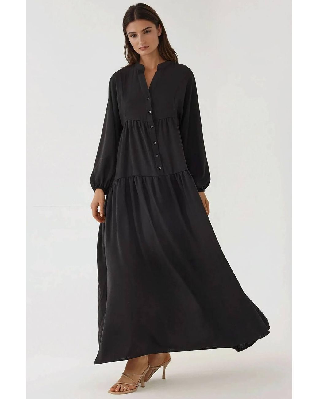 Hiccup Black Textured V-Neck Maxi Dress With Button Detail