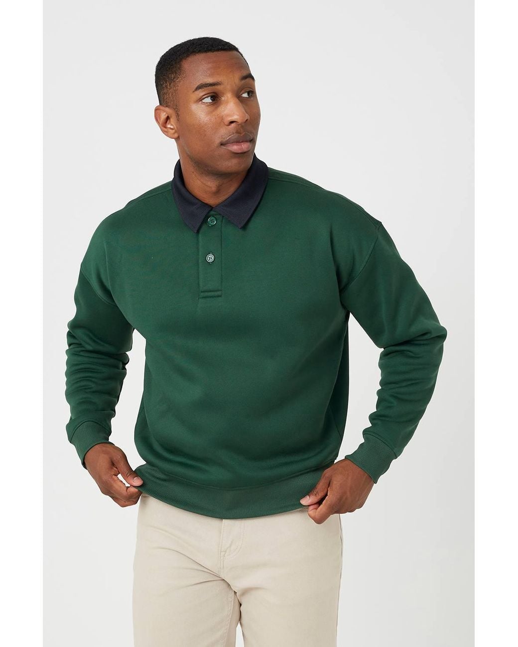 Brave Soul Green Contrast Collar Long Sleeve Polo Shirt for men