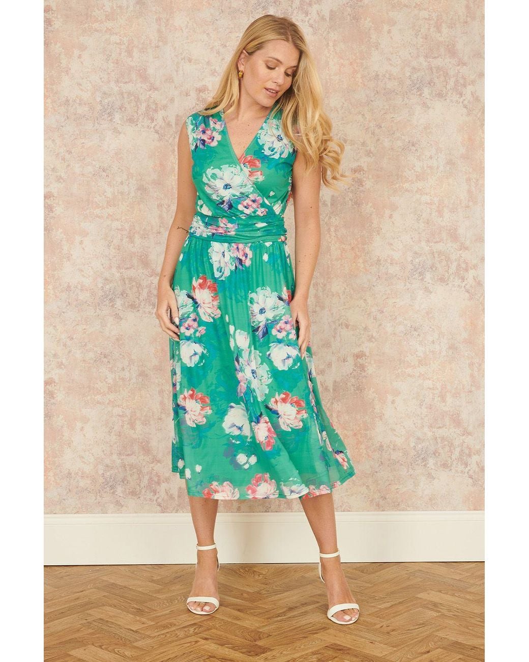 Yumi' Blue Blossom Print Stretch Mesh Dress With Pockets