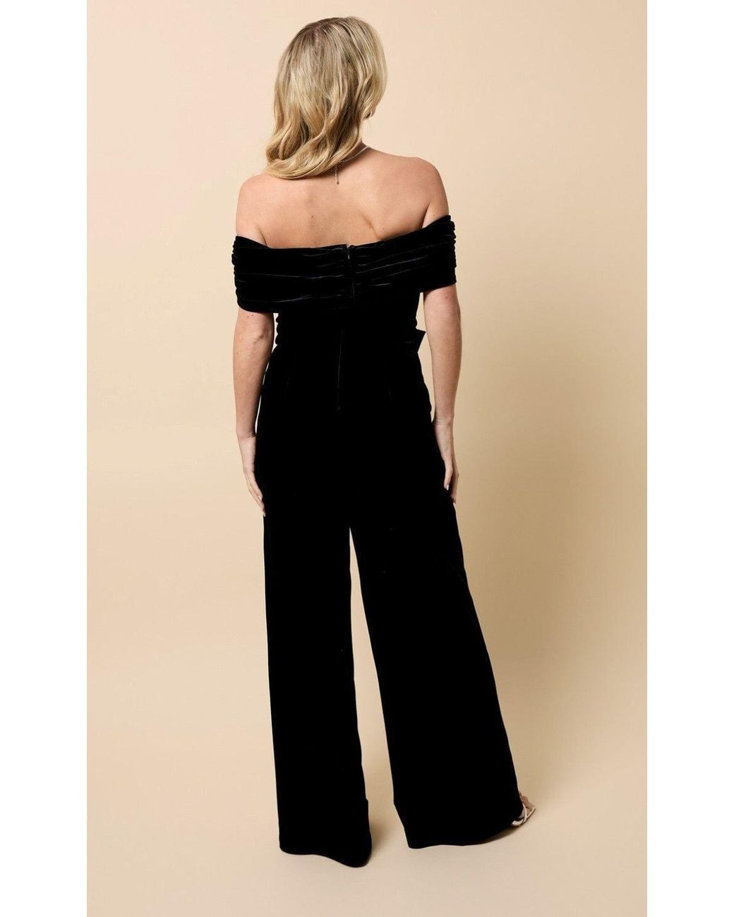 Little Mistress Black Velvet Bow Detail Bardot Jumpsuit