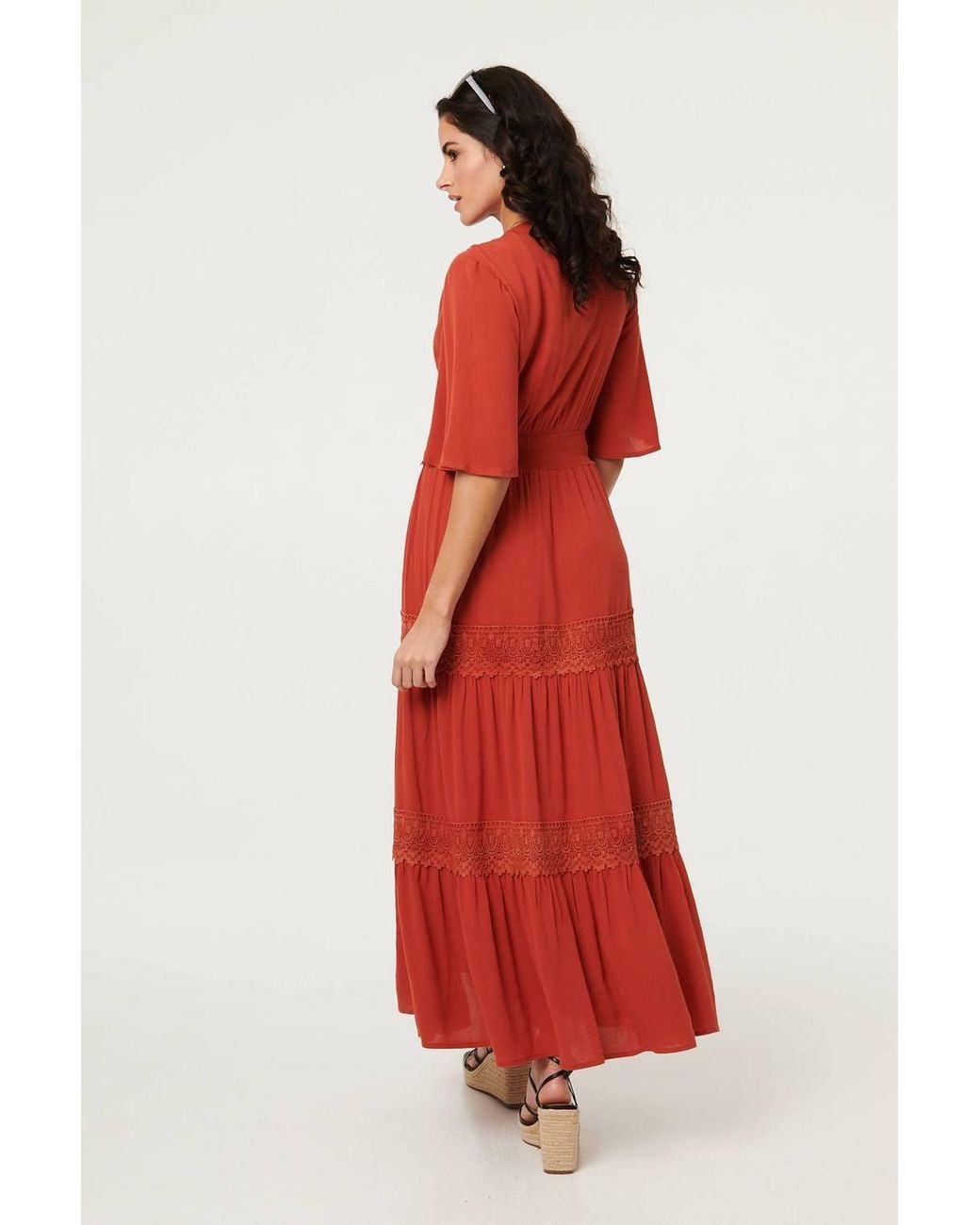 Izabel London Lace Trim Tiered 1/2 Sleeve Maxi Dress