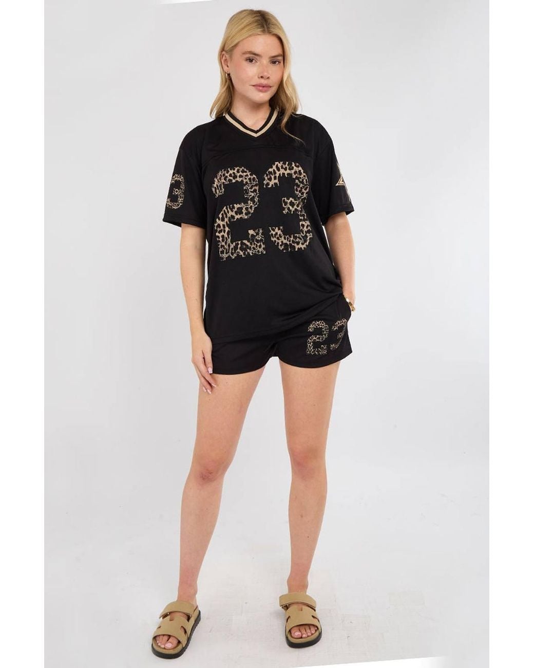 Stylewise Black Leopard Print Oversized T-Shirt & Shorts Co-Ord Set