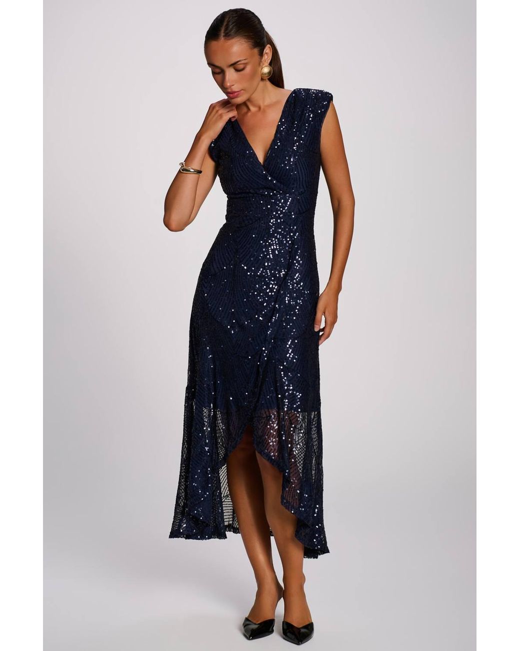 Jolie Moi Blue Sequin V Neckline Maxi Dress