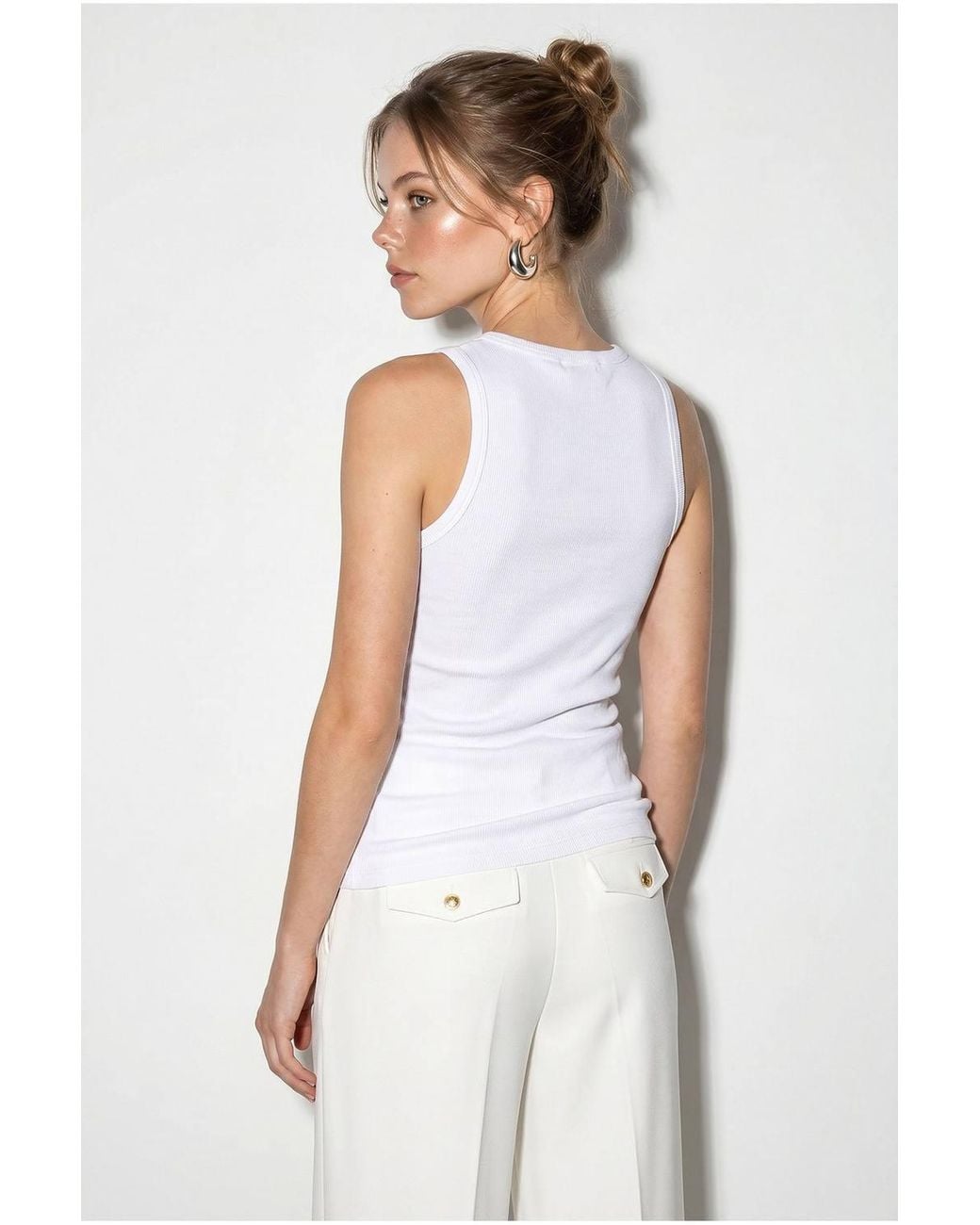 Bianco Lucci White Ribbed Cotton-Blend Fitted Cami Top