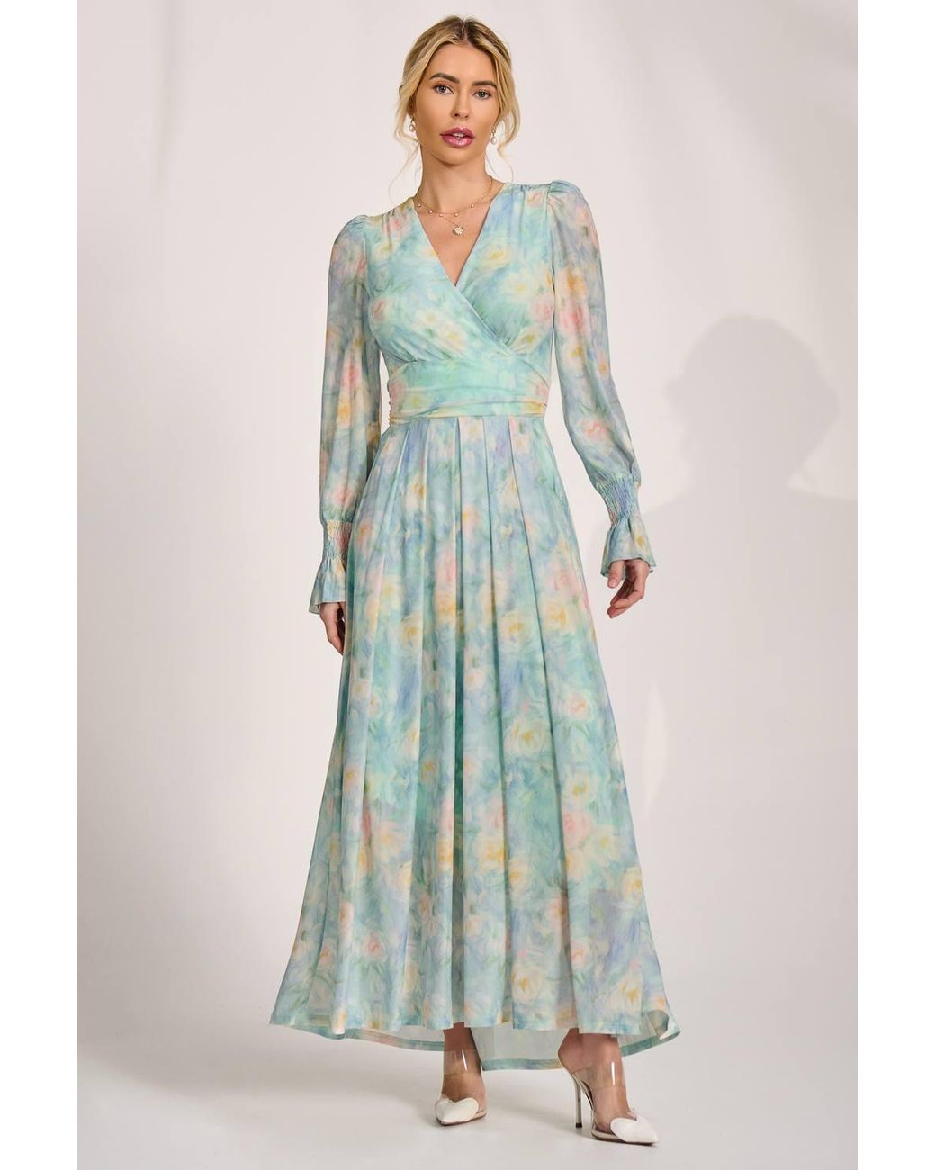 Jolie Moi Blue Long Sleeve V Neck Mesh Maxi Dress