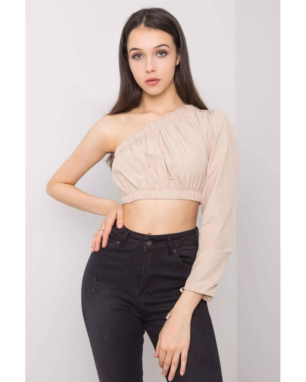 KDMD Black Asymmetrical Neck Long Sleeve Casual Blouse