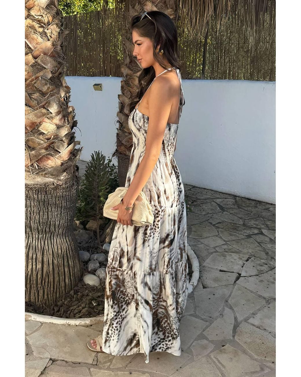 AX Paris Gray Multi Animal Print Tie Neck Shirred Top Smock Midi Dress