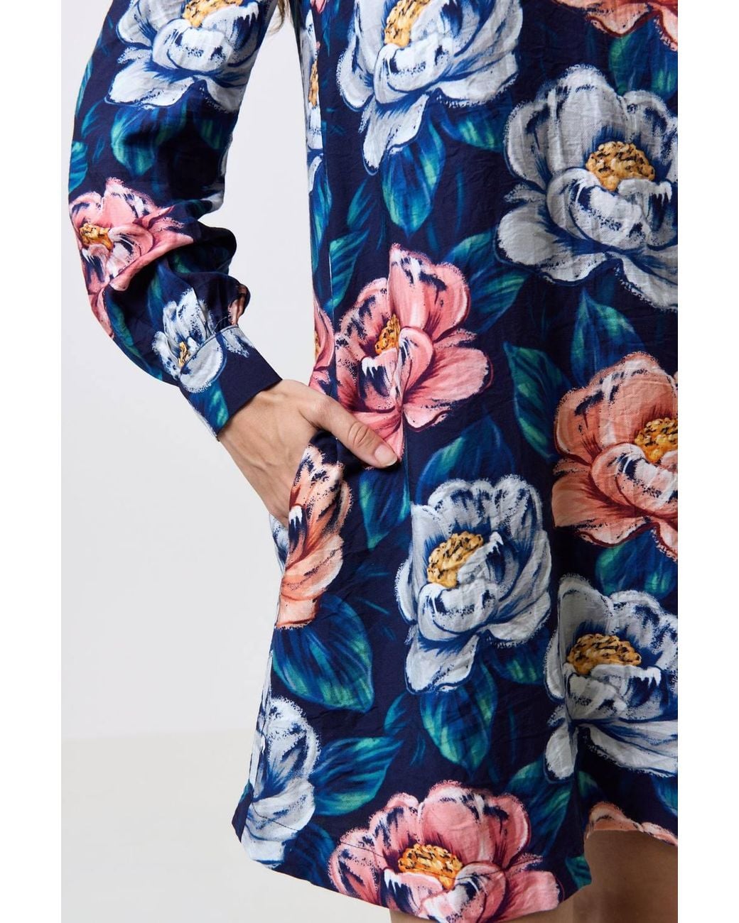 Louche Blue Didee Peonies Long Sleeve A-Line Mini Dress