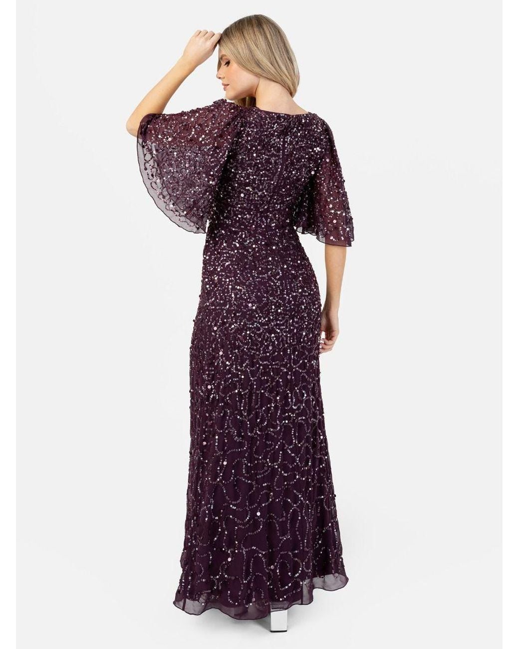 Maya Deluxe Purple Embellished Angel Sleeve Maxi Dress