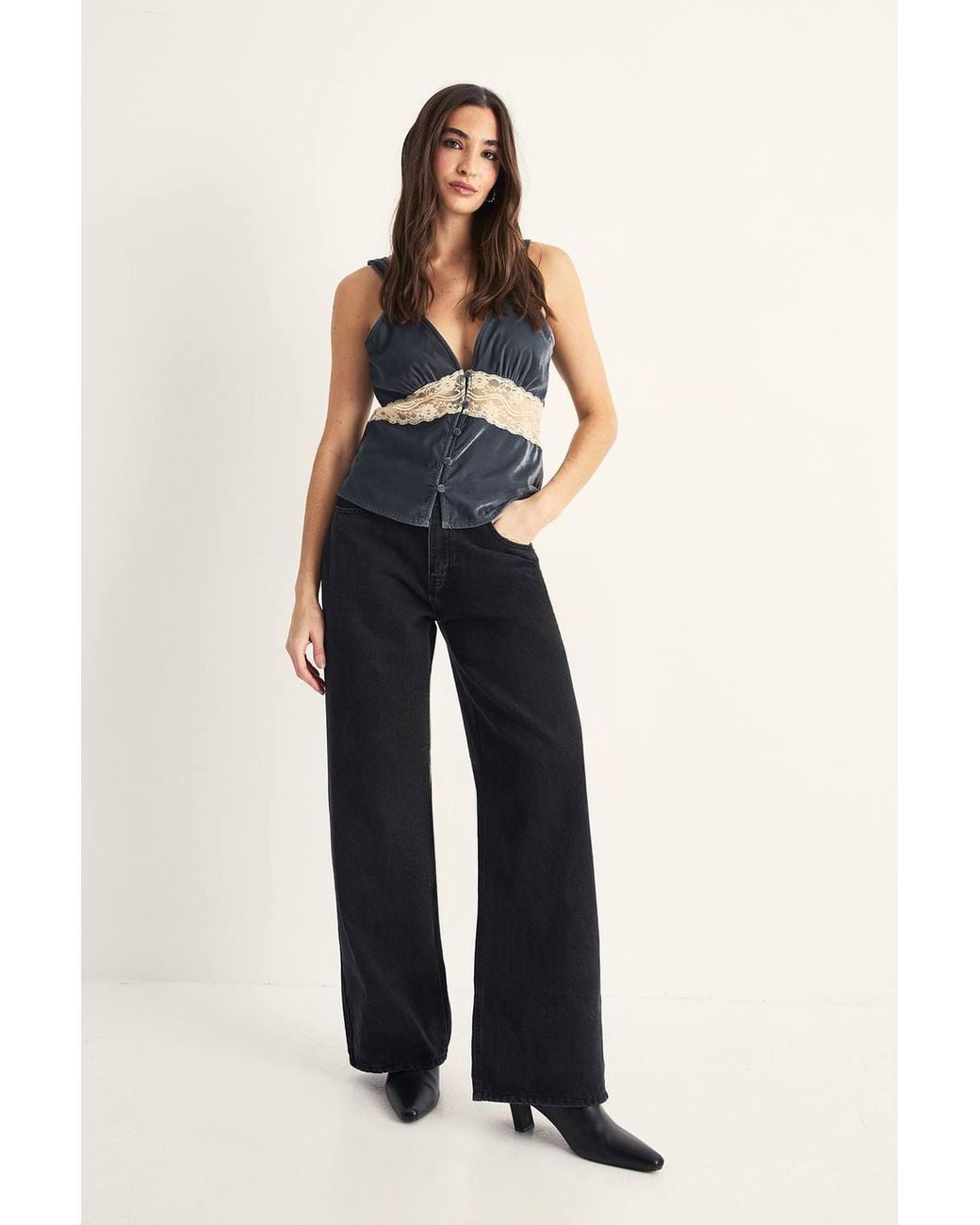 Nasty Gal Blue Velvet Lace Insert Button Detail Cami Top