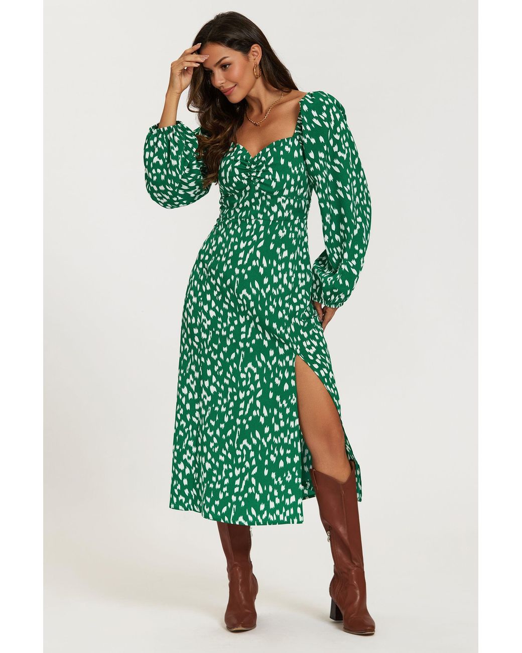 FS Collection Green Brushstroke Print Long Sleeve Heart Neckline Midi Dress