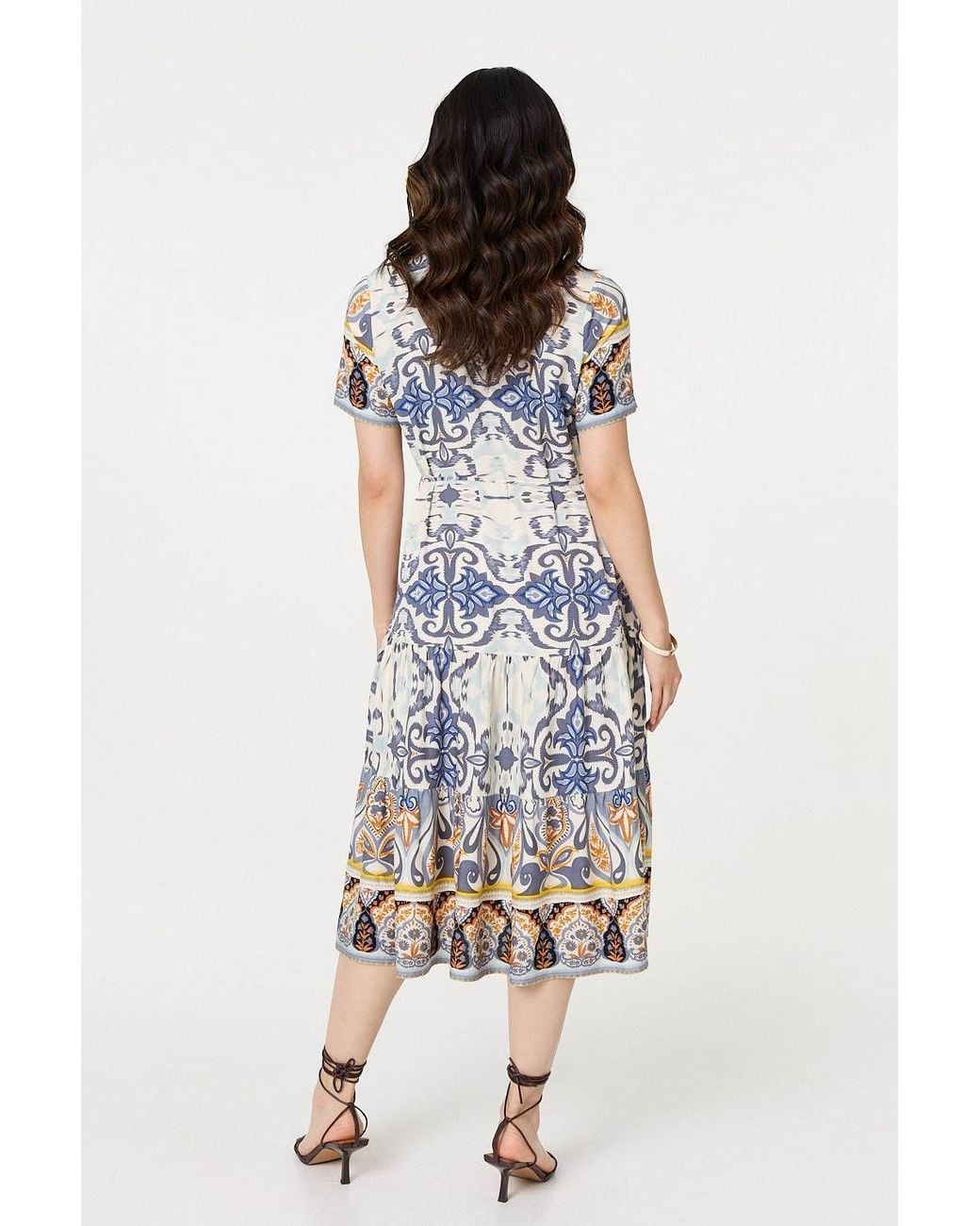 Izabel London Gray Printed Short Puff Sleeve Midi Dress