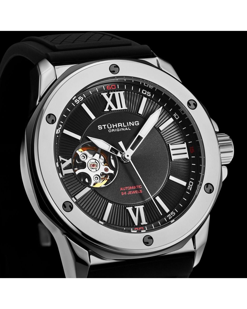 Stuhrling Black Edwardian Automatic 44Mm Skeleton for men