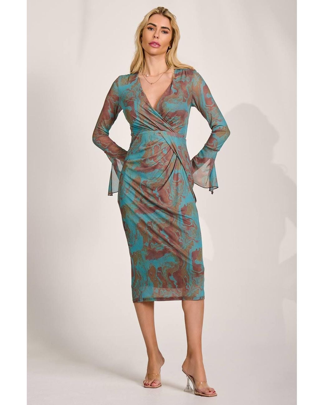 Jolie Moi Blue Long Sleeve Mesh Bodycon Dress