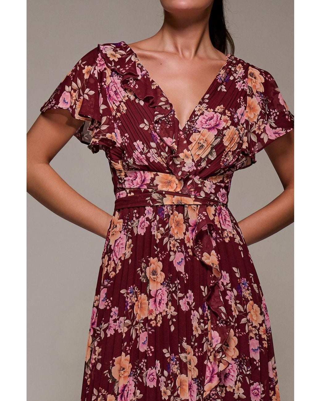 Jolie Moi Red Printed Ruffle Detail Pleated Chiffon Midi Dress