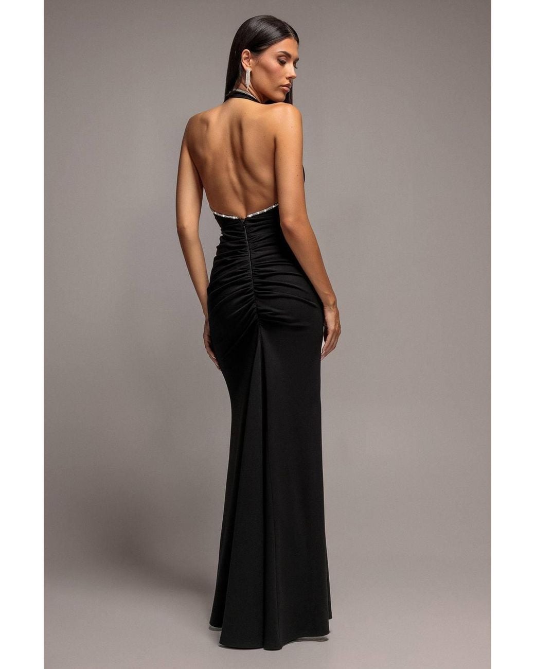 Goddiva Black Diamond Open Back Halter Neck Maxi Dress