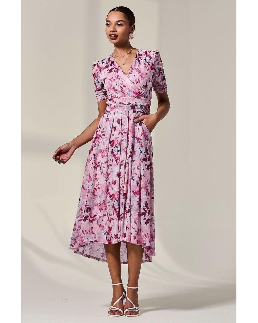Jolie Moi Pink Petite Wrap Front Ruched Sleeve Midi Dress