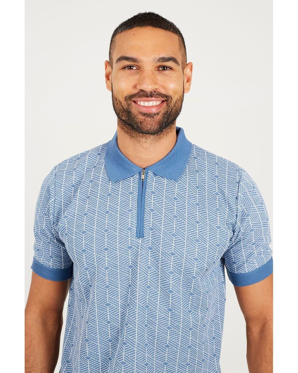 Brave Soul Blue Short Sleeve Jaquard Knitted Polo Shirt for men