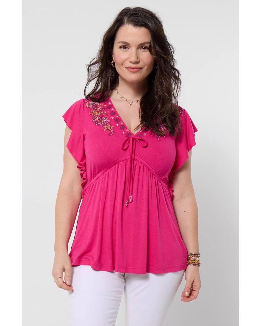 Joe Browns Pink Embroidered Jersey Top With Tie Detail & Frill Sleeves