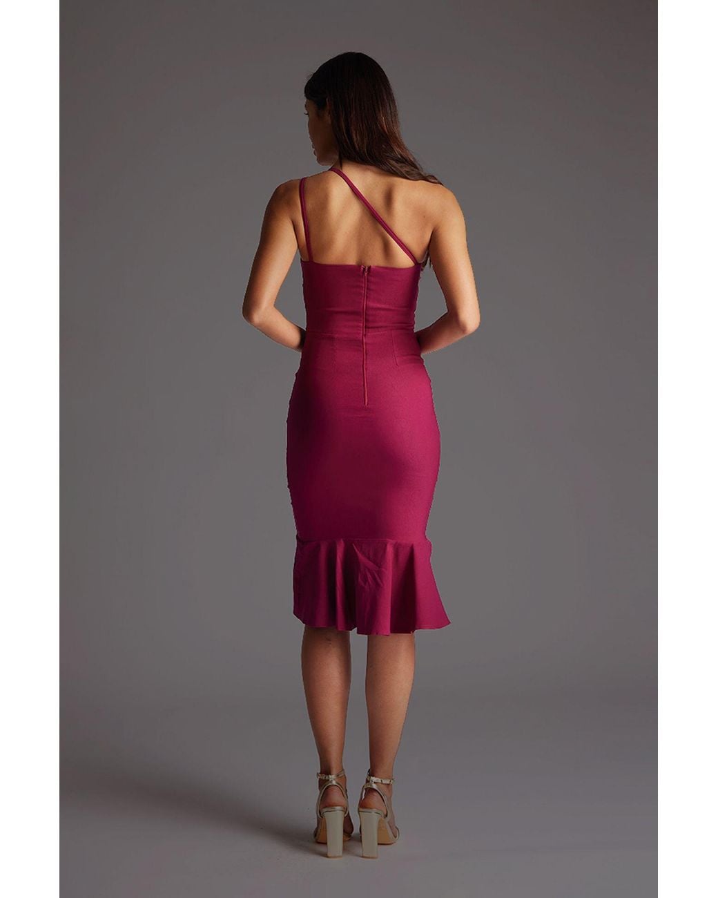 Vesper Red One Shoulder Midi Dress With Frill