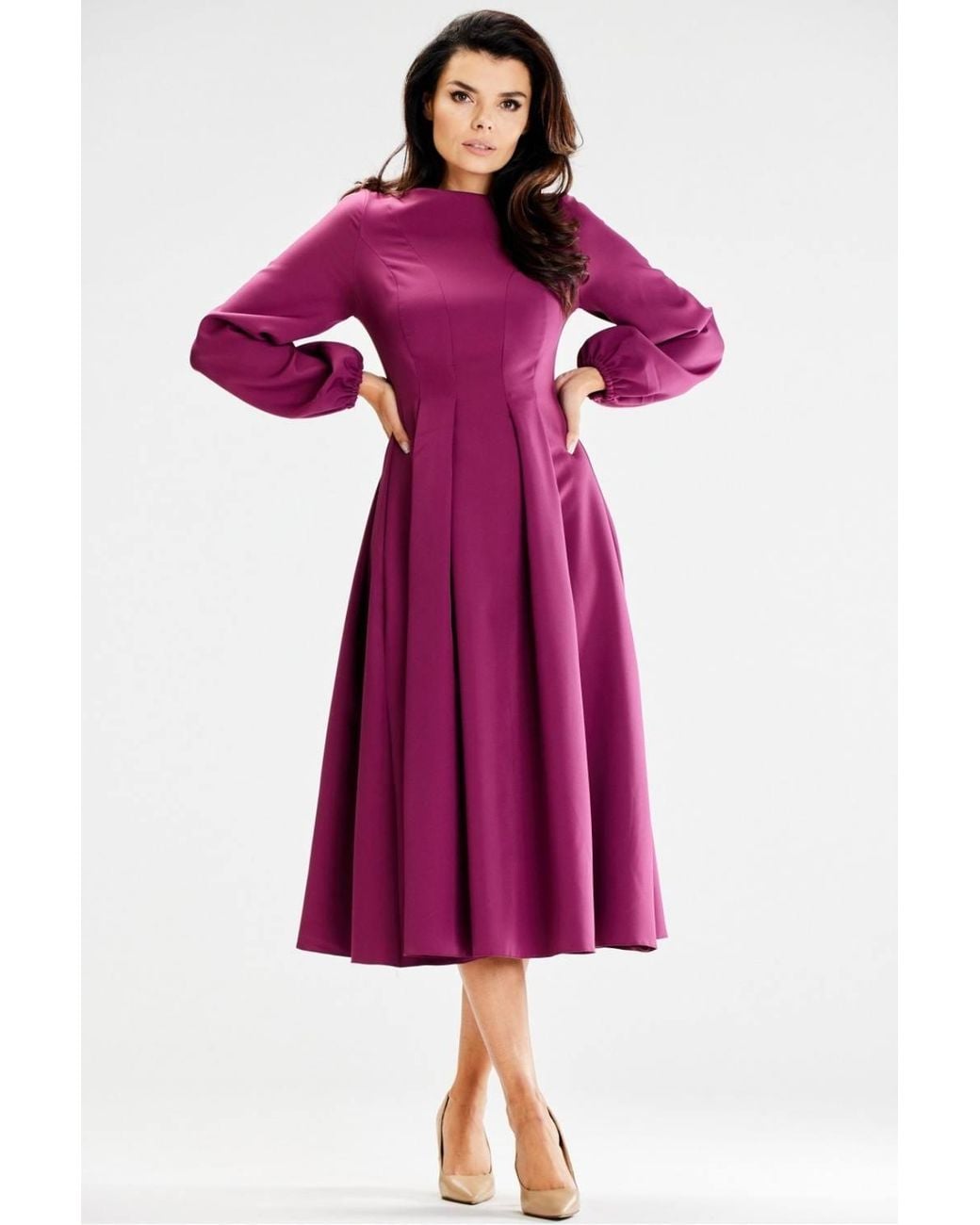 Love Lace Purple Boat Neck Long Sleeve Elegant Midi Dress