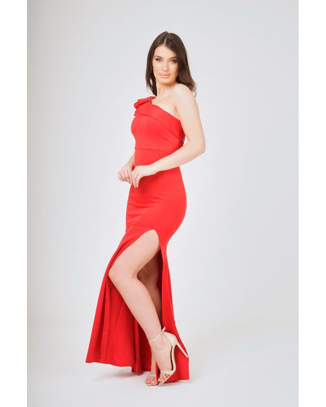 LuvForever Fashion Red Frilled One Shoulder Maxi Dress