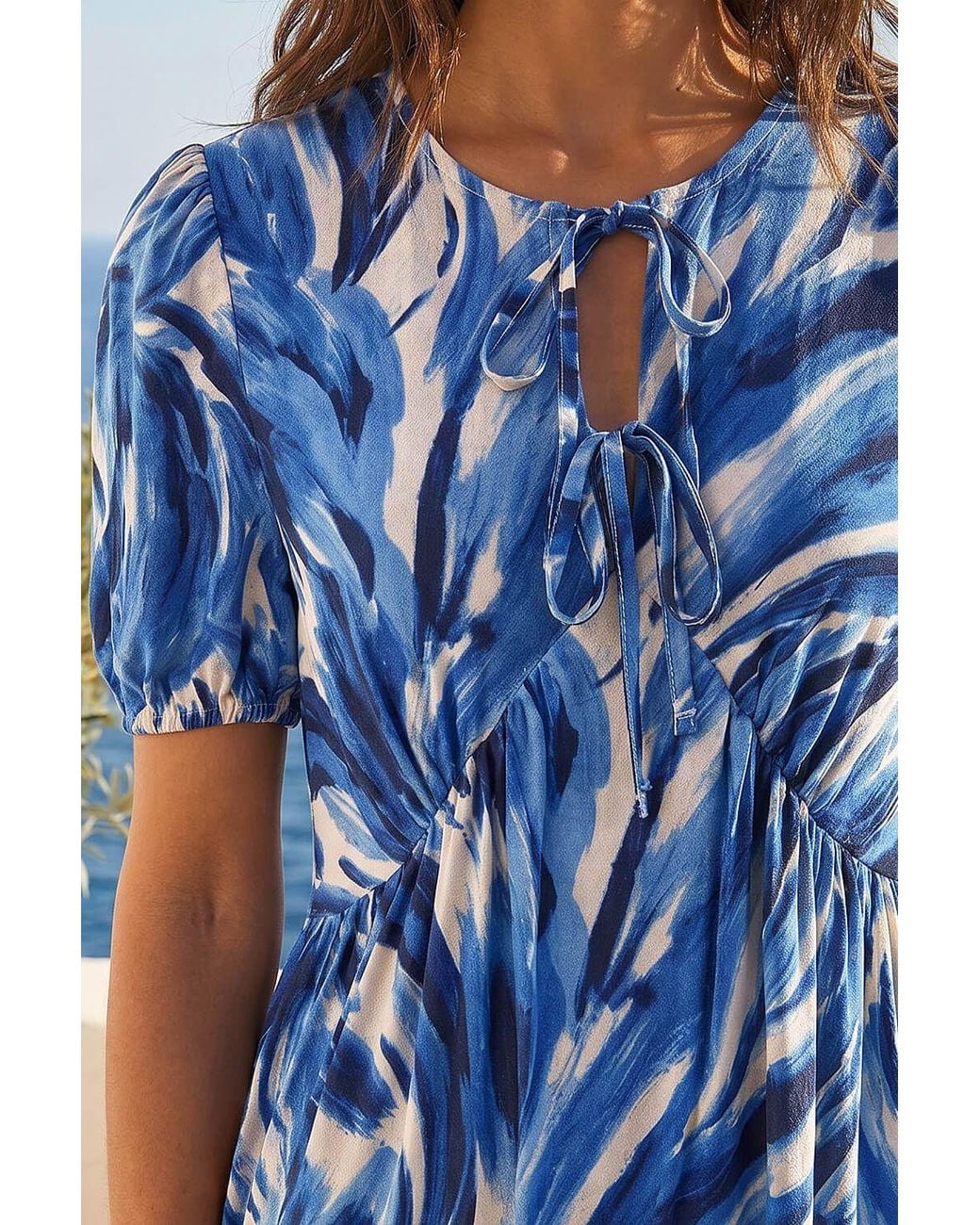 Roman Blue Abstract Print Tie Front Smock Dress