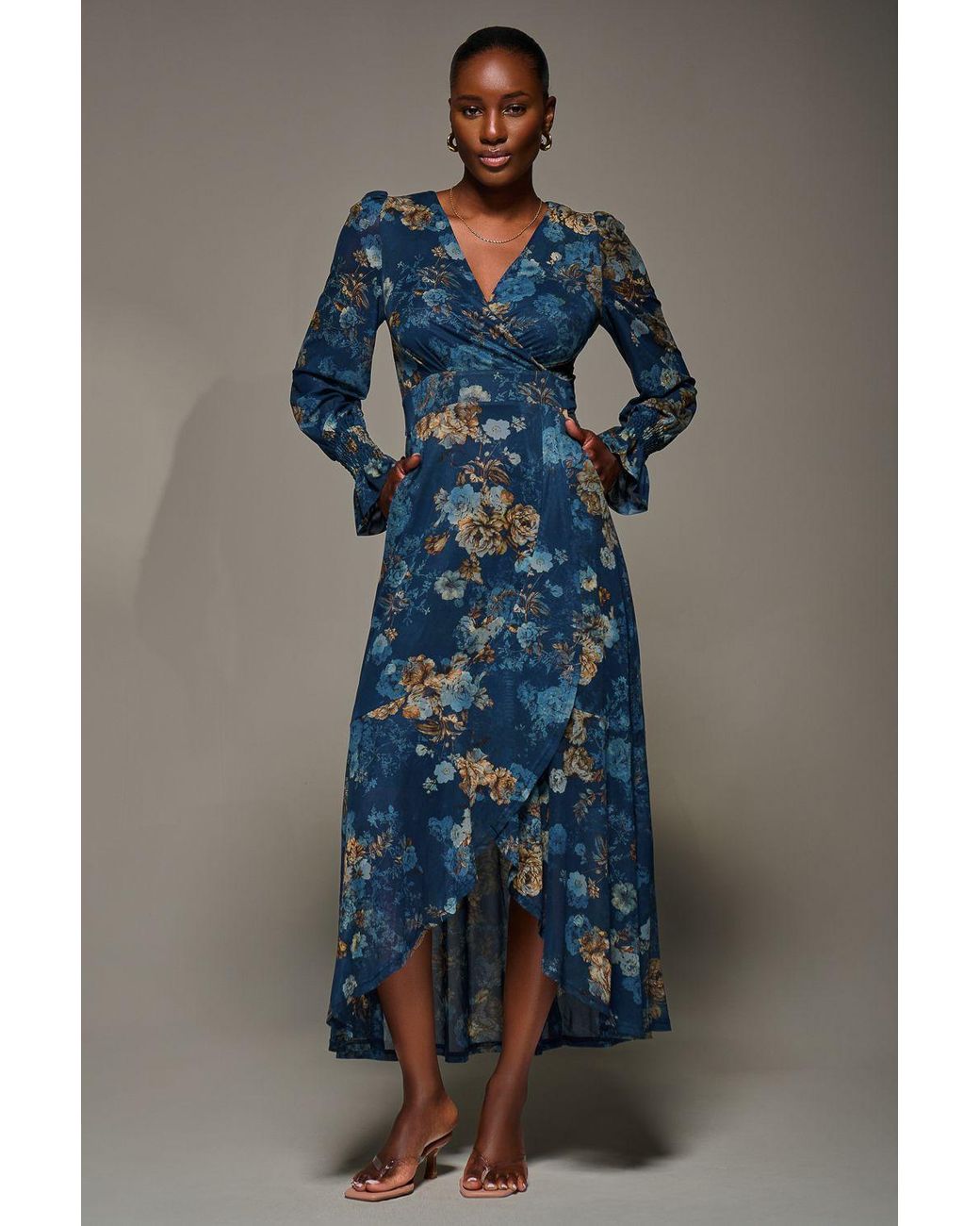 Jolie Moi Blue Long Sleeve Frill Hem Mesh Maxi Dress