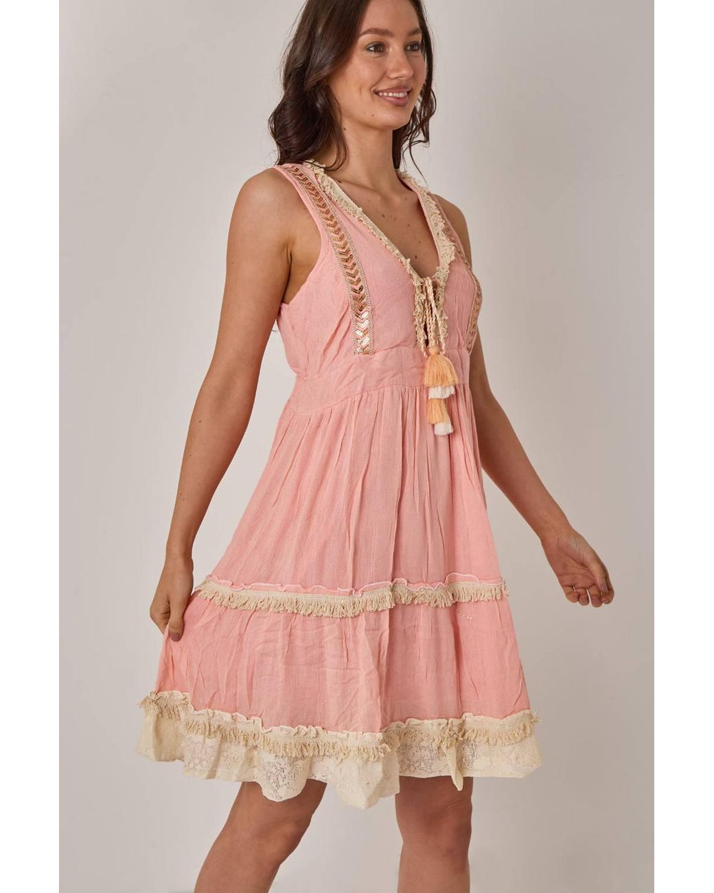 ELAINA FASHION Pink Boho Tiered Tassel Detail Dress