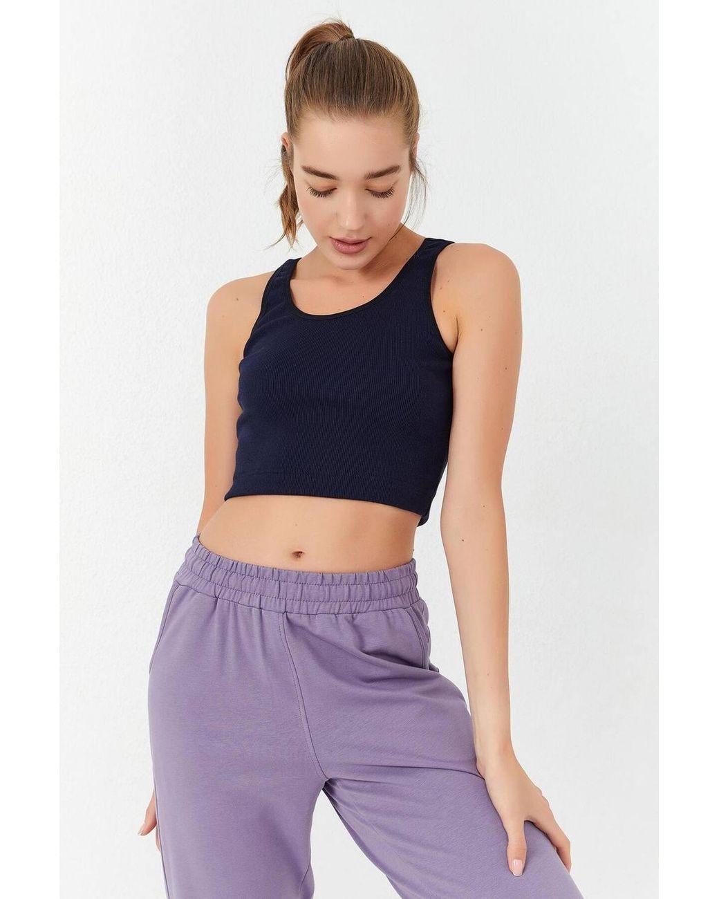 TOMMY LIFE Blue Ribbed Sleeveless Crop Top