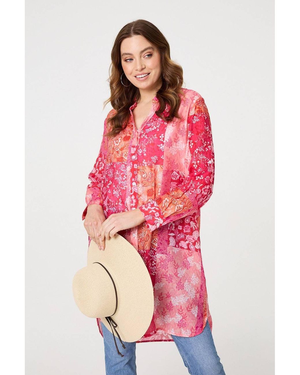 Izabel London Red Patchwork Print Semi Sheer Longline Shirt