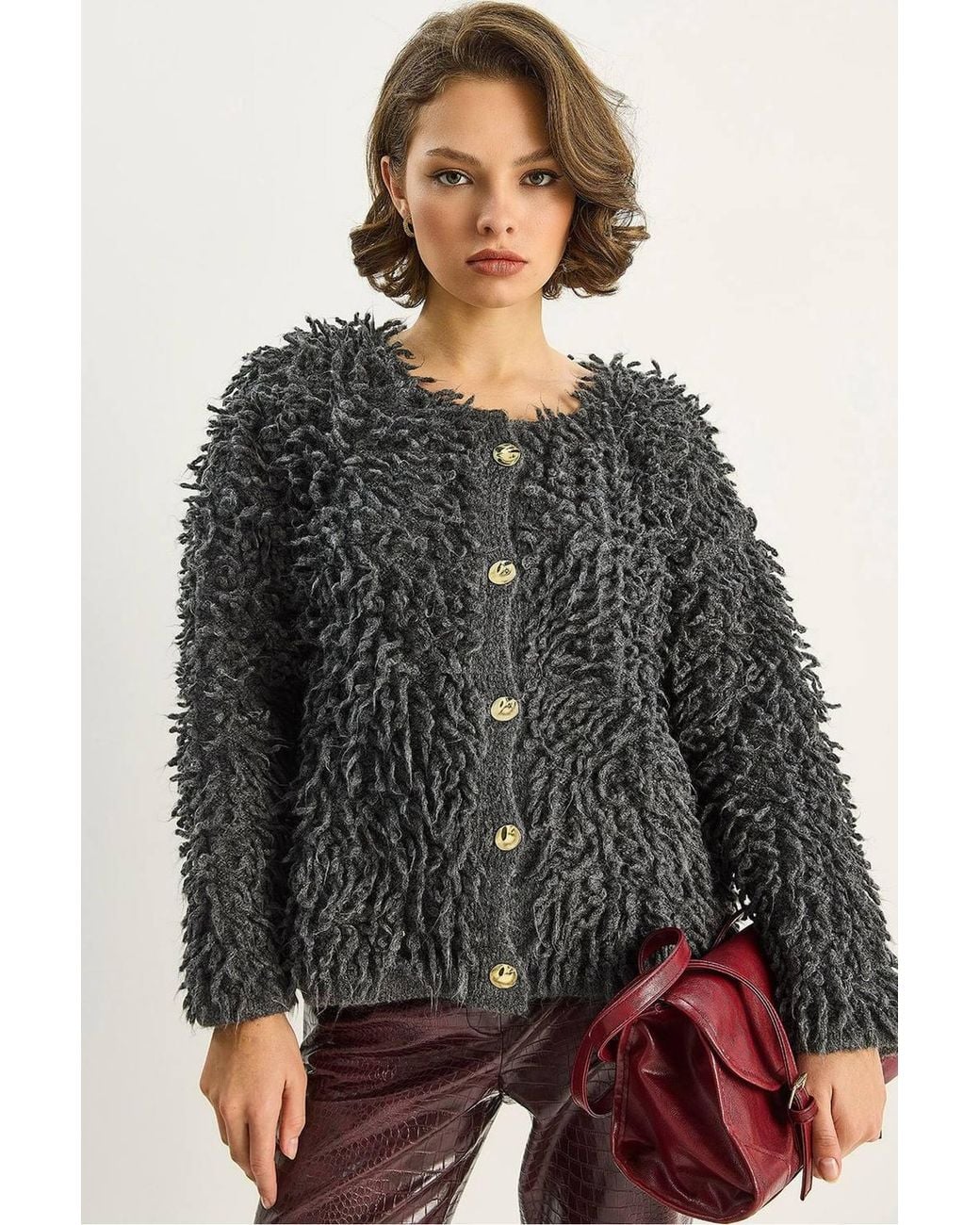 Bianco Lucci Black Textured Button-Up Cardigan