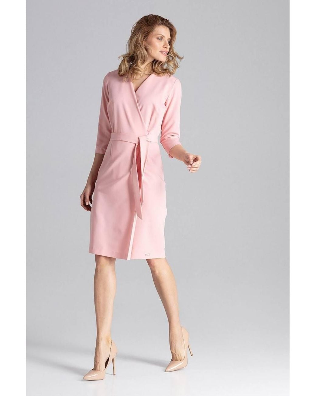 Love Lace Pink Classic Envelope Neck Work Dress With Belt