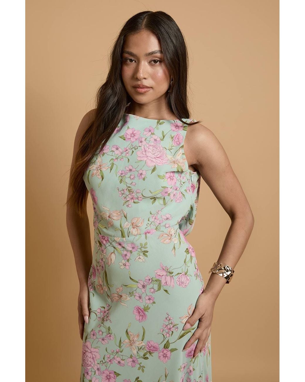 Oasis Natural Petite Lace Cowl Back Chiffon Printed Maxi Dress