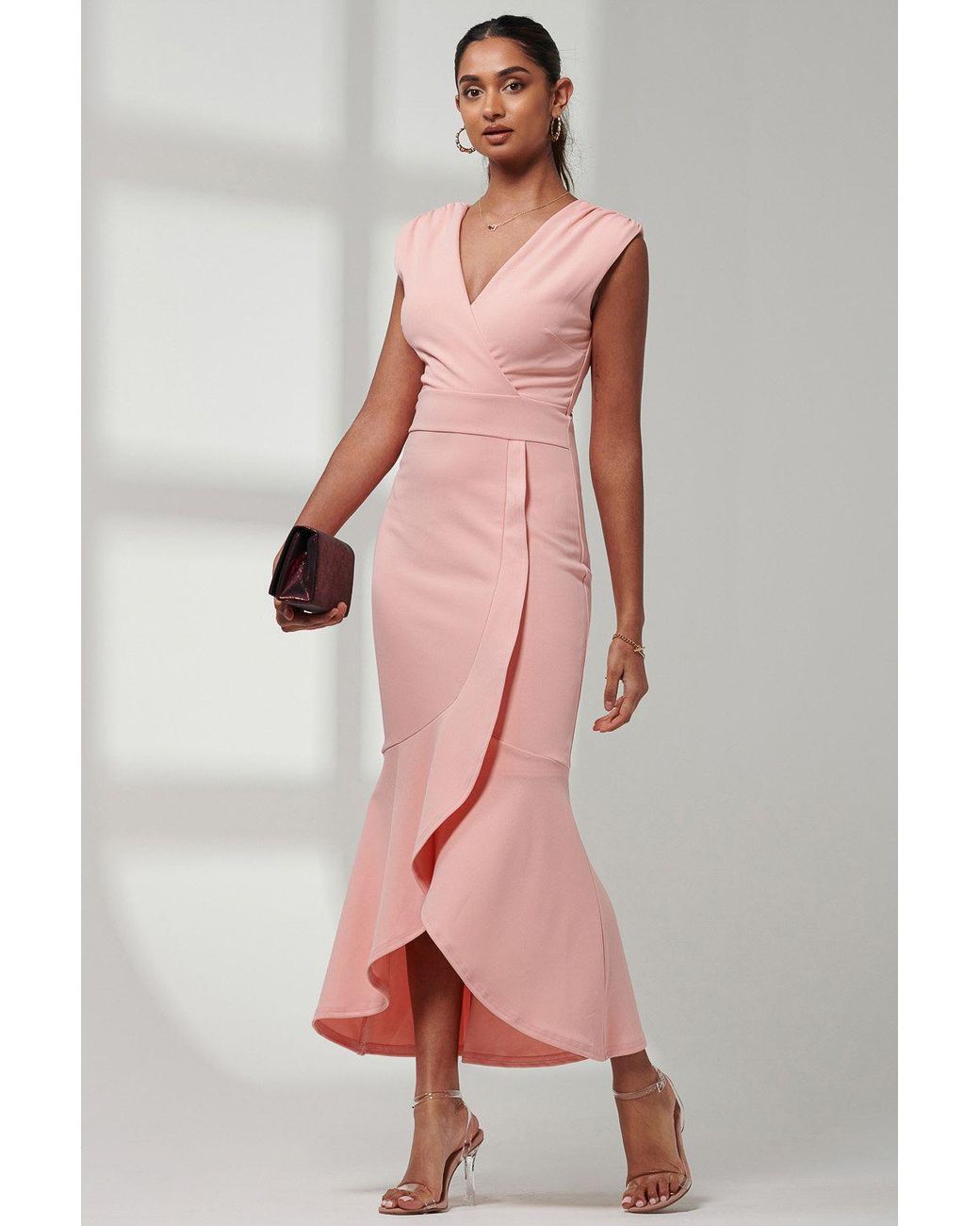Jolie Moi Pink Mabruka Frill Fishtail Maxi Dress