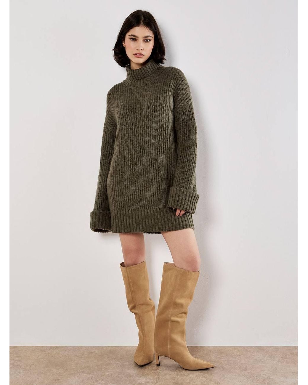 Apricot Green Boucle Knit Fisherman Jumper Mini Dress