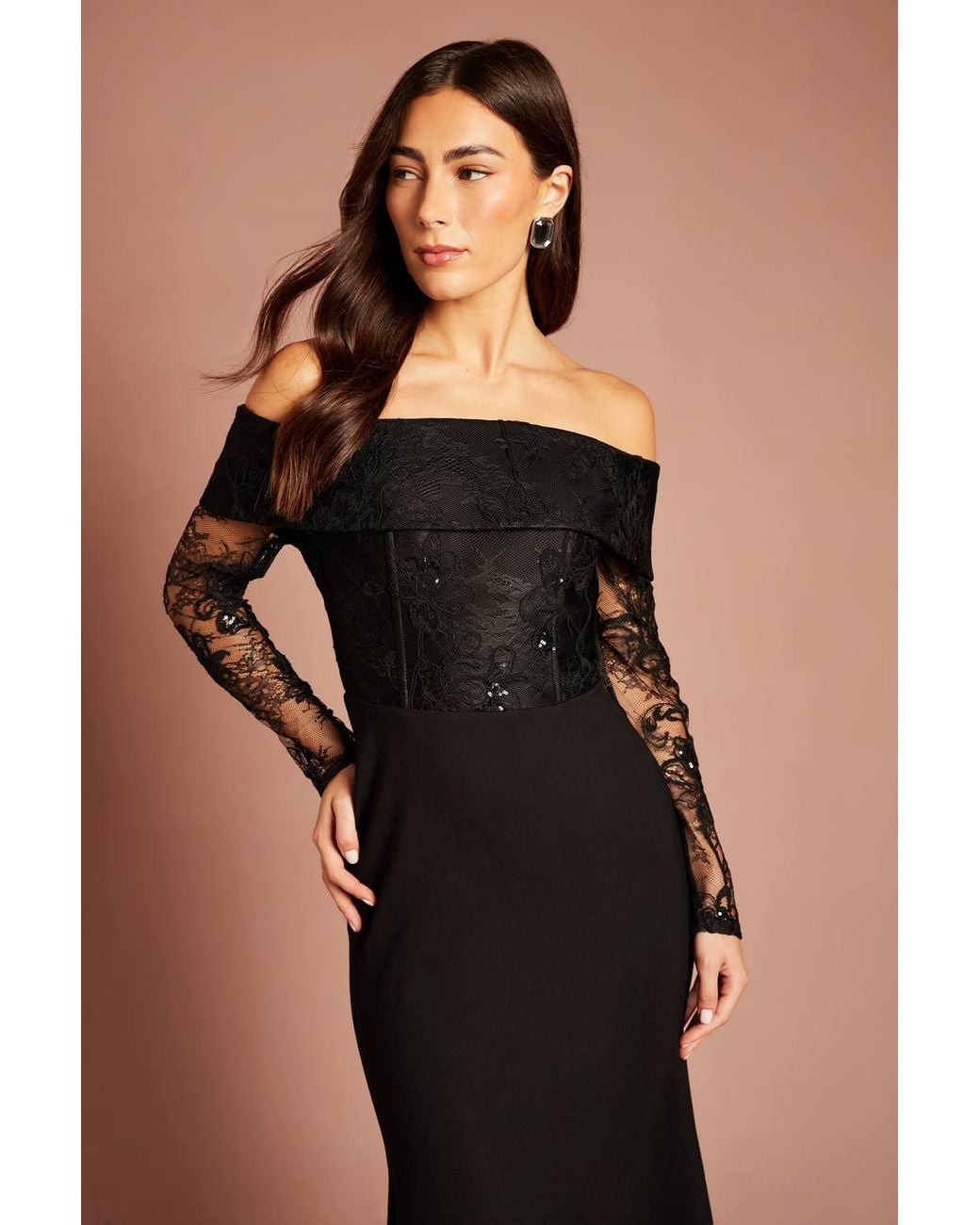 Coast Black Bardot Ponte Dress With Lace Long Sleeves