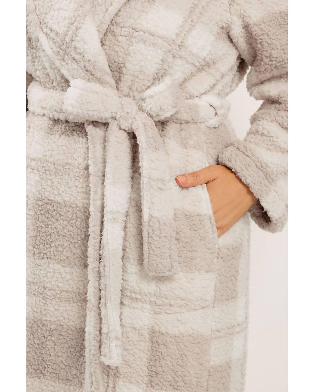 Yours Natural Check Fluffy Shawl Dressing Gown
