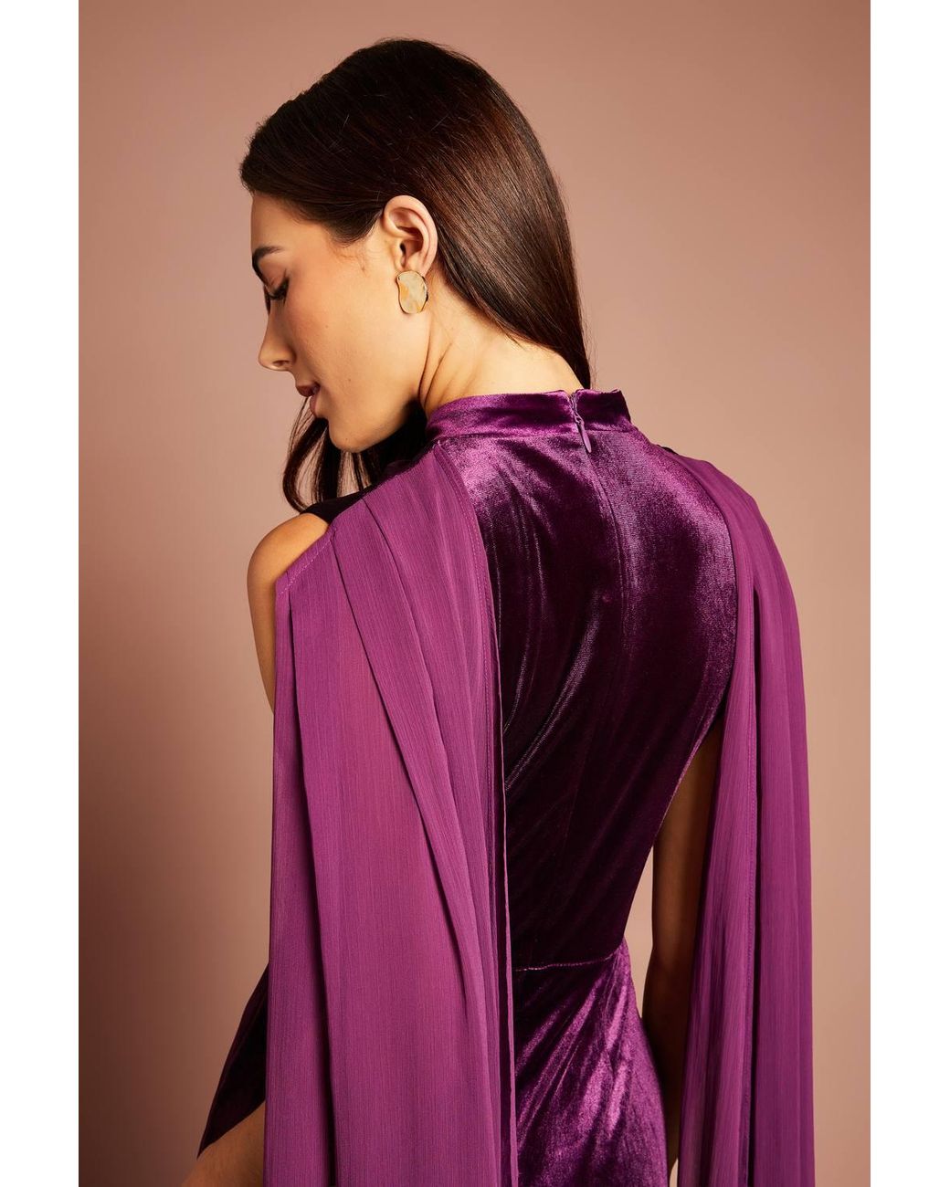 Coast Purple High Neck Velvet Maxi Dress With Chiffon Cape Sleeve