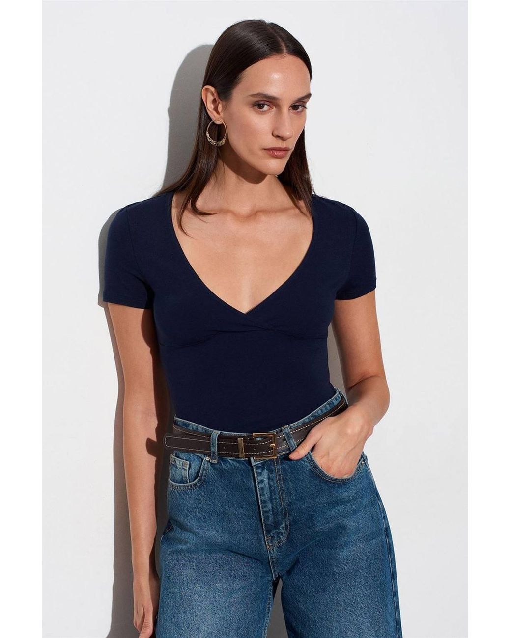 Dilvin Blue Fitted V-Neck Short-Sleeve T-Shirt