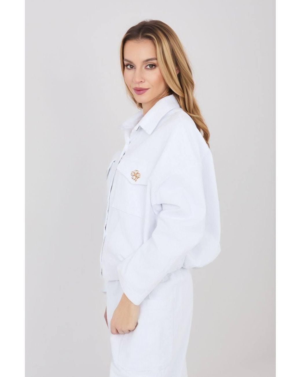 Love Lace White Modern Corduroy Bomber Jacket Style 225427