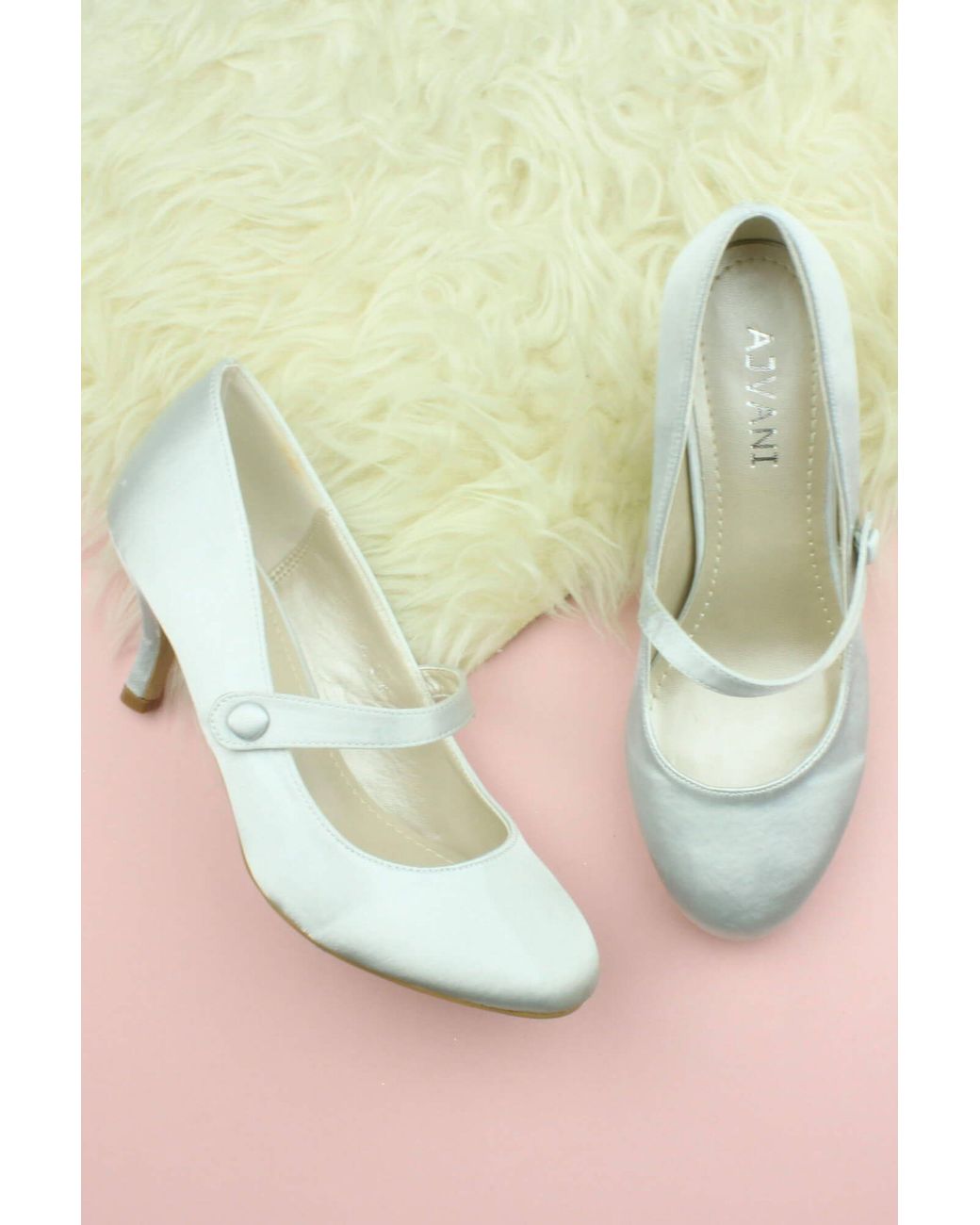 AJVANI White Mid Heel Mary Jane Court Shoes
