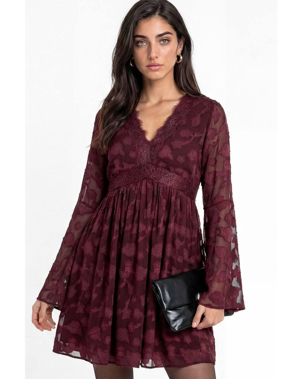 Lovedrobe Red Floral Burnout Lace Detail Long Sleeve Mini Dress