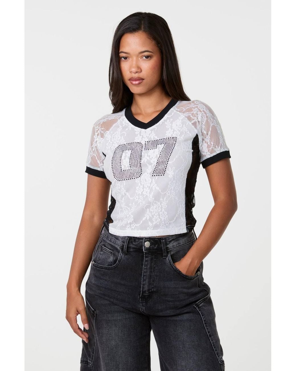 Pink Vanilla White Lace Diamante Baseball Tee