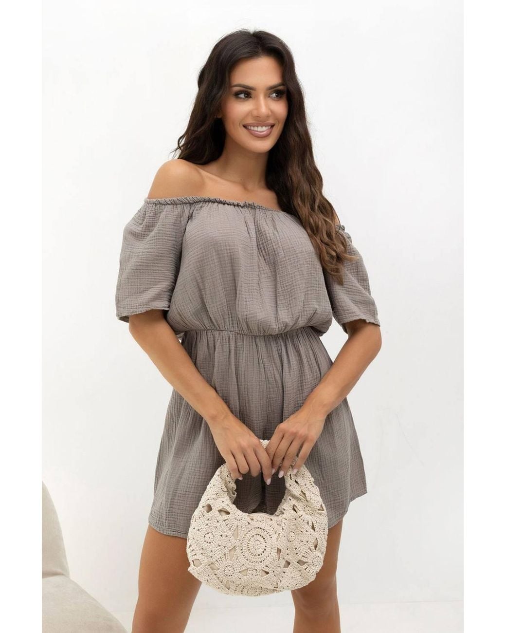 Love Lace Gray Cotton Relaxed Off-Shoulder Short Sleeve Playsuit