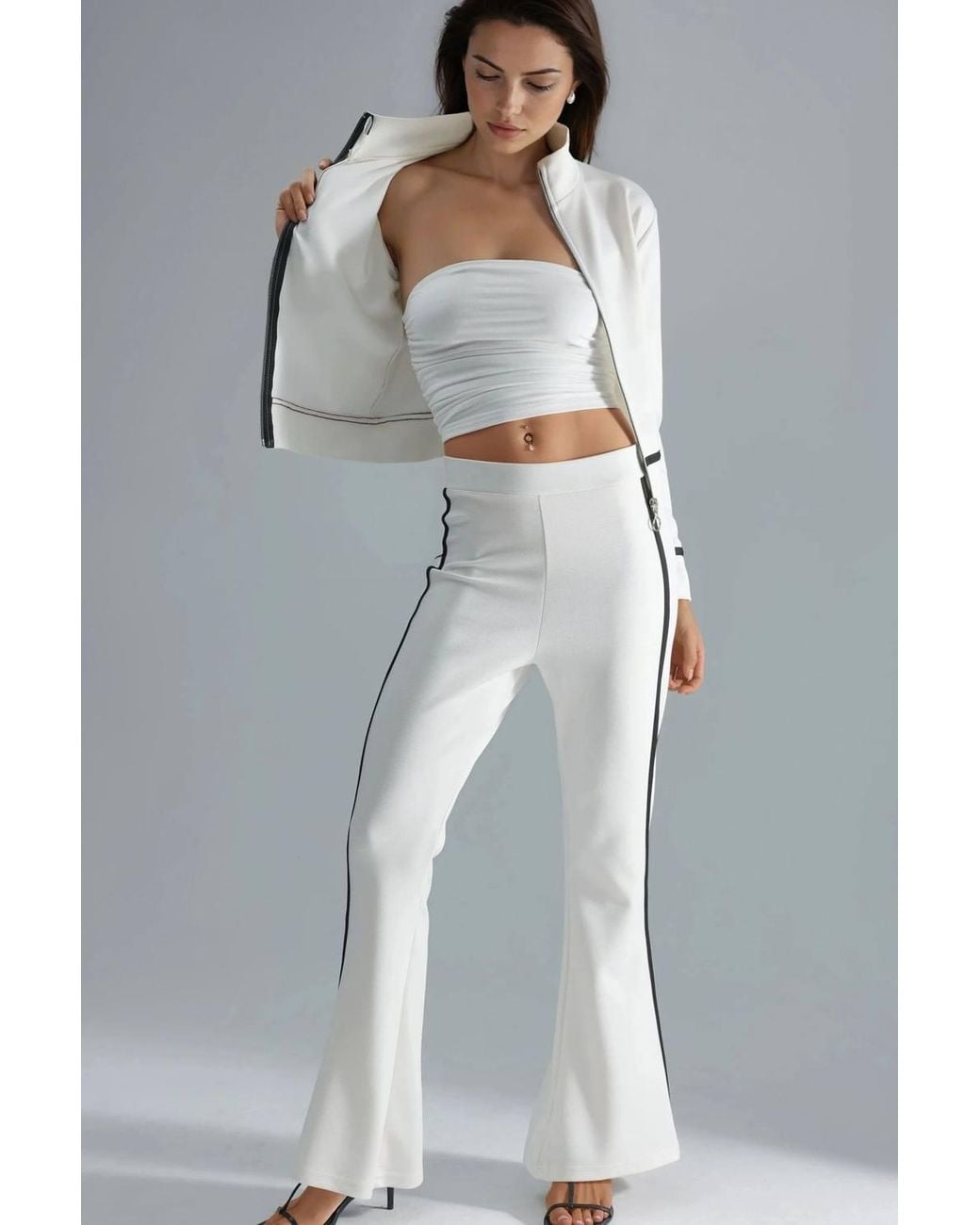 Hiccup Gray Modal Touch Zippered Sweatshirt & Flare Pants Two-Piece Set