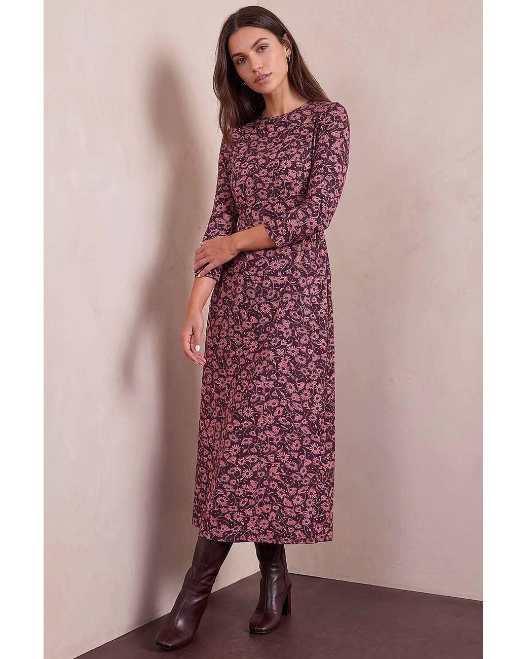 Roman Purple Floral Print Ruched Midi Dress